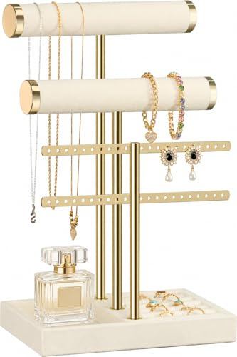Josmimic Schmuck Organizer mit 3 Ebenen - Beige Schmuckständer Armbänder, Abnehmbarer T-Steg Schmuck Ständer, Samt-Armbandhalter, Schmuckhalter für Armband, Halskette, Uhren, Ringe