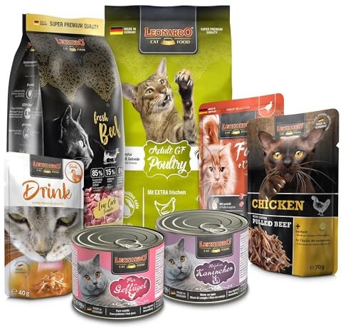 LEONARDO Katzenfutter Kennenlernpaket, 2 Sorten Trockenfutter und 5 Sorten Nassfutter für Katzen, ohne Zusatzstoffe, für alle Rassen, Made in Germany