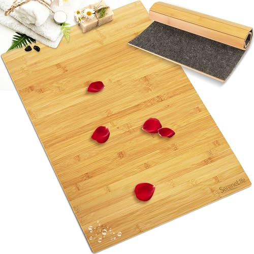 SereneLife Bambusmatte, 60x40cm, Anitrutsch Badematte Holz Faltbar & Schimmelresistent, Schnell trocknend, Für Spa, Yoga, Massage, Zuhause & Entspannung