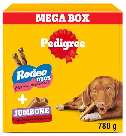 Pedigree Multipack 780 g mit 24 Rodeo Duos Huhn & Bacon Geschmack, 4 Jumbone Rind & Geflügel Geschmack