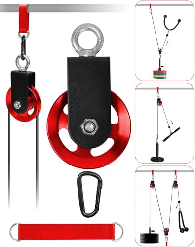 DOBVDLA Alu Umlenkrolle 90mm, Seilrolle Fitness mit U Haltebügel, Block Umlenkrollen für Stelseile DIY Gym Fitnessgeräte, Kabelmaschine Drahtseilrolle mit Karabinerhaken Verbindungsgurt, Rote