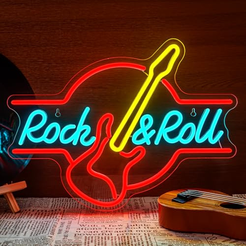 SIGNSHIP Gitarre Rock&Roll Neon Schild USB Powered Neon Sign Licht Buchstaben für Wand Raum Dekor Led Lichter für Schlafzimmer Konzertsaal Bar Club Party Hochzeit Dekoration Geburtstagsgeschenk