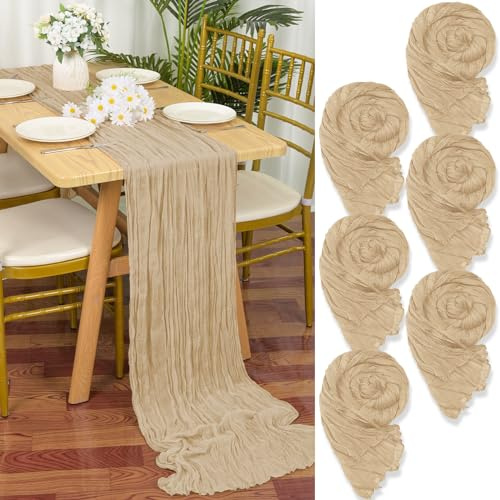 6 Stück Seihtuch-Tischläufer Beige, 55 x 300 cm Rustikaler Gaze-Stoff Boho-Käsetuch Cheesecloth für Hochzeitsfeier Brautparty Tischdekoration