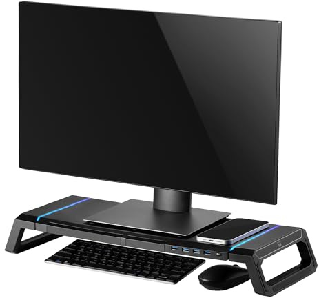 Ewent Monitorständer, RGB Monitor Riser, Klappbar, Smartphone- und Tablet-Halterung mit Ablagefach und 4 USB Anschlüsse, Ergonomischem Druckerständer für Laptop, Computer, Notebook, iMac, PC, Schwarz