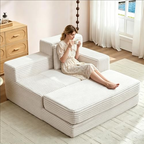 Wumagin Schlafsessel aus Cord, Riesiges Bodensofa mit Schlaffunktion, Cloud Sofa mit Chaiselongue mit 2 Kissen, Keine Montage erforderlich, Bequeme Relaxsessel für Wohnzimmer (Weiß)