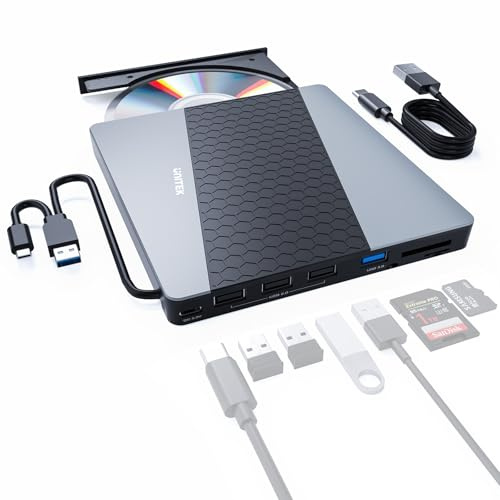 UNITEK Externes CD-DVD-Laufwerk, USB 3.0/USB C, tragbarer CD/DVD-Player mit SD-Kartenleser, USB 3.0, USB 2.0, Hub, CD-ROM-Brenner, kompatibel mit Windows 11/10/8.1/8/7/Vista/2003/XP/2000, Linux, Mac