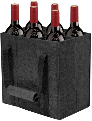 VIBINHO Flaschentasche Filz mit 6 Fächern, Tasche für Flaschen mit Klettverschluss Griff, Wiederverwendbar, Getränketasche, Flaschenträger Filz für Wasserflaschen, Wein und Bier, Schwarz