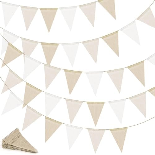 FLEXNOVA 12M Wimpelkette Outdoor Wetterfest, Girlande Beige Boho Deko Outdoor Wimpelgirlande Wimpelkette Leinenstoff 36 Wimpeln für Hochzeit Geburtstag Babyparty Baby Shower Gartenparty Kinderzimmer