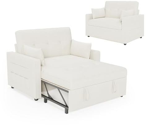 LUXOAK Schlafsofa 186 x 122 cm, 3-in-1 Schlafcouch, Cremeweiß | 5-fach verstellbare Rückenlehne, Seitentaschen & 2 Kissen, 12 cm Komfortpolster, Massivholz-Metall-Rahmen, Schnelle Montage