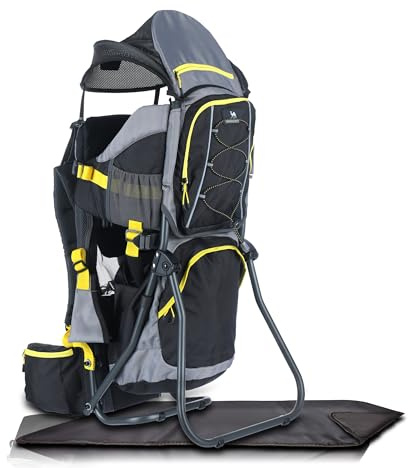 Dromader Kraxe Kindertrage Wandern | Rückentrage Sonnendach & Thermotasche | Aluminiumrahmen · 3D-Opti-Fit-Tragesystem · Regen- & Sonnendach, Wickelmatte · Bis 22 kg · Schwarz und Gelb