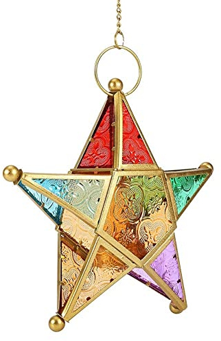 Draußen Hängende Sternlaterne Eisen Teelichthalter, Bunte Glaslaterne Kerzenhalter Orientalische Laterne Metall Glas für Dekorative Hochzeit Dekoration Geburtstagsfeier(golden)
