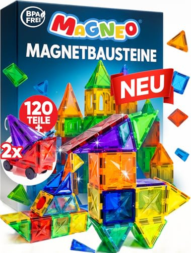 Magneo® Magnetische Bausteine (120 teilig inkl. 2 Autos) - Magnetbausteine für Kinder ab 3 Jahren - Pädagogisches Magnetspielzeug - Kreatives Magnet Spielzeug mit starken Magneten für Jungen & Mädchen
