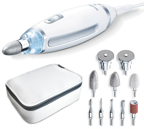 Beurer MP 62 Maniküre-/ Pediküre-Set, elektrische Nagelfeile mit 10 hochwertigen Nagelpflege-Aufsätzen, LED Licht, Nagelfräser mit stufenloser Geschwindigkeitsregelung, mit Aufbewahrungstasche, Weiß