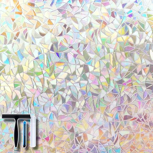 Volcanics Fensterfolie Blickdicht Selbsthaftend mit Montagewerkzeug, Sichtschutzfolie Fenster Buntglas, Fensterfolie Sichtschutz 3D Regenbogen Folie 90x200cm, Blickschutz für Fenster, Anti-UV