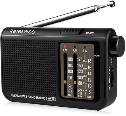 Retekess V117 Kleines Radio, Tragbares Radio | für Senioren, Küche, Bad, Spazierengehen, Camping, FM/AM/SW-Empfang, Kopfhöreranschluss, Batteriebetrieben