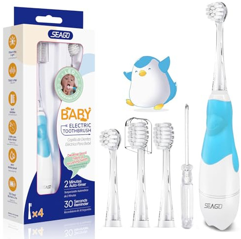 Seago SG-513 Elektrische Zahnbürste Kinder Baby Kinderzahnbürste Elektrisch ab 0-3 Jahre mit LED Licht Smart Timer Babyzahnbürste Wasserdicht IPX7 Schallzahnbürste (Baby Blau)