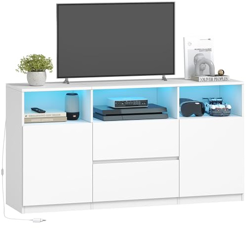 Hzuaneri TV-Schrank mit RGB LED-Beleuchtung(25 Farben), Weiß | Fernsehschrank für Fernseher bis 65 Zoll, Sideboard mit Schubladen 3 offenen Fächern, für Wohnzimmer Schlafzimmer, TV17003XEU