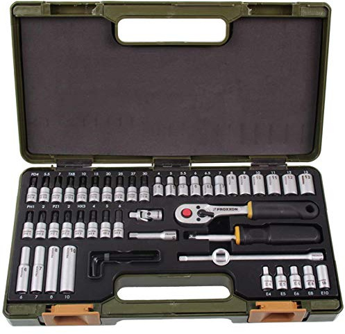 PROXXON Steckschlüsselsatz, Feinmechaniker-Satz mit 1/4-Umschaltratsche sowie Schraubendrehergriff, 50-teiliges Werkzeug-Set mit Kunststoffkoffer, 23280