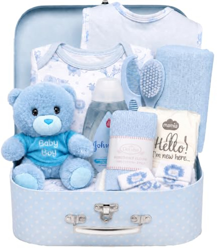 Geschenkset für Neugeborene für Jungen – handverpackter blauer Korb mit Koffer-Aufbewahrungsbox, Stofftierbär, Pucktuch aus Musselin, Kleidung und Essentials