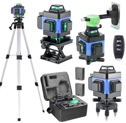 Kreuzlinienlaser mit Stativ, Mulcort Multifunktionaler 4D-Laser mit 16 Linien, IP54 Wasserwaage, 2400mAh Akku*2+1.5M Stativ Verlängerungsstangen-Stativ, Für Baustellen/Inneneinrichtung(Blau)