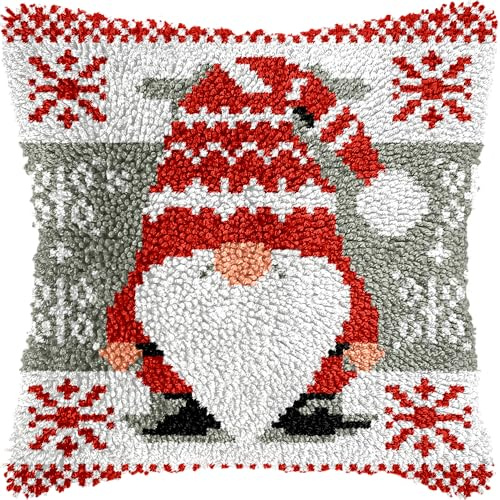 Knüpfhaken-Set mit Weihnachtswichteln für Erwachsene und Kinder, Anfänger, DIY-Knüpfkissen-Set, vorgedruckte Haken- und Knüpfteppich-Kits, Kreuzstich-Stickerei, Kissenbezug für Zuhause, Sofa