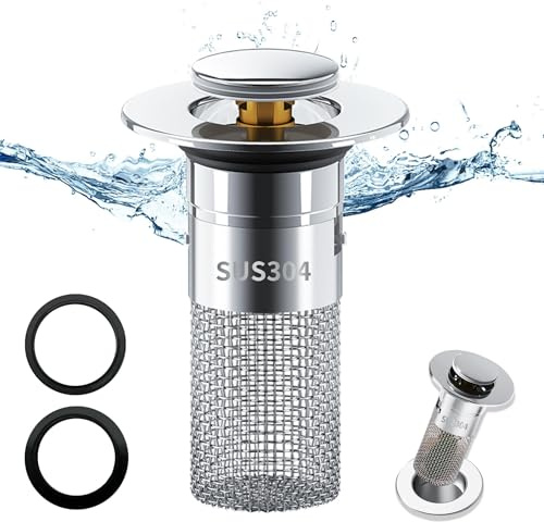 304 Edelstahl Pop Up Abflusssieb, Upgraded Bathroom Sink Plug, Metal Drain Plug Universelle, Waschbeckenstöpsel, Mit Filtersieb/Dichtungen, Abflussstopfen für Bad, Waschbecken und Küche (34-40mm).