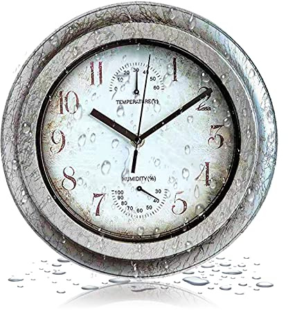 QUWOTXE Vintage Wanduhr Outdoor Garten 12 Zoll Indoor Outdoor Uhr mit Thermometer und Hygrometer, Retro Antiquierter Industriestil
