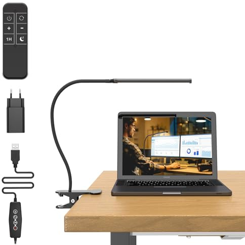 Mojimdo Schreibtischlampe 77 LED mit Fernbedienung [Beeindruckende Lichtleistung] 40CM Klemmlampe, 3 Farben & 5 Helligkeitsstufen, 360° Flexibel mit USB-Ladegerät