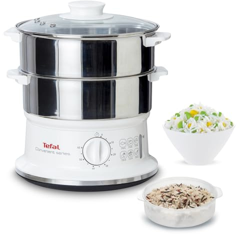 Tefal Dampfgarer elektrisch, 2 Edelstahlbehälter, 6L Fassungsvermögen, Dampfkocher mit 24cm Durchmesser, Timer und automatische Abschaltung, 900W, weiß, VC1451