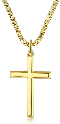 FANCIME 925 Sterling Silber Weiß/Gold Vergoldet Kreuz Anhänger Poliert mit Edelstahl Kette für Herren Jungs Kinder - Kettenlänge: 60 cm
