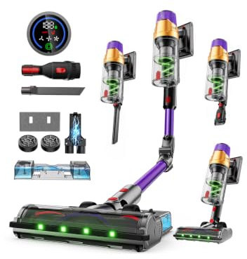 Linkifly A12 Akku Staubsauger mit Wassertank, 50Kpa, 600W, 70Min, 8-in-1, Kabelloser Staubsauger mit LED Touchscreen, 1,5L Staubbehälter, Anti-Tangle Bürste, Faltbares, für Teppiche/Autos/Tierhaare