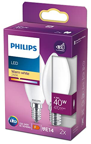 Philips LED Classic E14 Lampe, 40 W, Kerzenform, matt, warmweiß, 2er Pack, Weiß