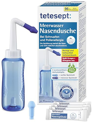 tetesept Meerwasser Nasendusche bei Schnupfen und Pollenallergie – Inkl. 4 Beutel Nasenspülsalz - Zur Nasenspülung mit zwei austauschbaren Aufsätzen auch für Kinder geeignet