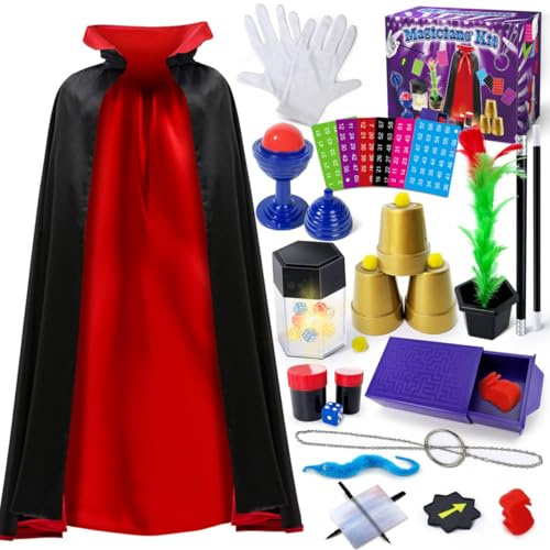 PATIFEED Zauberkasten mit Zauberer Kostüm für Kinder | Zauber Set mit Umhang, Zaubertricks für Jungen und Mädchen, Geburtstagsgeschenk Weihnachten