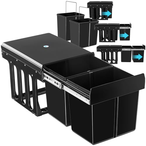 tectake® Abfallsammler, Mülleimer 2 Fächer, Mülltrennsystem Küche, für Schrank, Mülleimer Küche ausziehbar, Einbaumülleimer, Abfalleimer Küche. Mülleimer Küche Unterschrank (2x 15L)