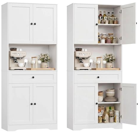 FOREHILL Küchenschrank Hochschrank, Küchenbuffet Buffetschrank mit Arbeitsplatte, 4 Türen, Schublade, Kabelloch, verstellbaren Einlegeböden, Mehrzweckschrank für Wohnzimmer Küche 75x40x180cm, Weiß