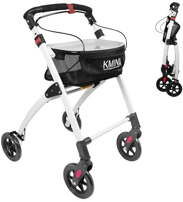 KMINA Rollator Schmal für Wohnung, Indoor Rollator Faltbar und Leicht mit Tablett, Mobilitätshilfe für Senioren aus Aluminium, Gehgestell mit Korb, Wendiger Wohnungsrollator - Modell PRO