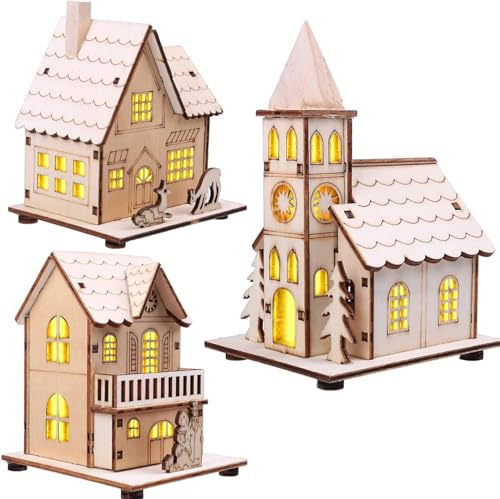 FUFRE 3 Stück LED-Weihnachtsdorf aus Holz, beleuchtet, Weihnachtsdorf, Miniatur, mit Lichtern, Tischdekoration für Urlaub, Weihnachten, Anhänge