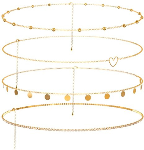 Forhandy 4 Stück Bbauchkette, Körperketten Verstellbar Bauchkette Gold Set für Frauen Mädchen, Taillenkette Belly Waist Chain Bikini-Kette Quaste (Goldene)