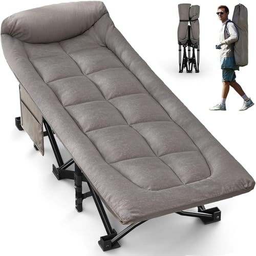 OVERMONT Klappbar Feldbett mit Matratze - Faltbar Campingbett 190 x 70 x 40 cm - bis 250kg Belastbar - Oxfordgewebe mit Seitentasche Tragetasche für Camping Garten Büro Grau
