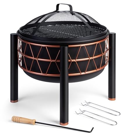 VonHaus BBQ Feuerstelle, 2-in-1 Feuerschale für Garten, Terrasse und Outdoor, Feuerkorb aus Stahl mit Kupferdetail, Feuerschale mit Funkenschutz, Schürhaken und Grillrost, Nutzbar mit Holz und Kohle