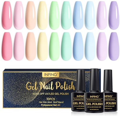 INPING UV Nagellack Pastell, 10 Stück Frühling Sommer Makronen Pastell Gel-Nagellack, Rosa Blau Gelb Lila Grau Süßigkeiten Farben Gelnägel für Frauen Nail Art Design Urlaub Maniküre Geschenkset