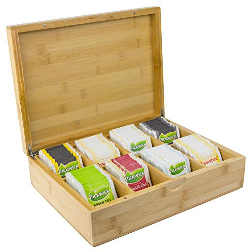 Bambus Tee Box mit 8 Fächern (für 160 Teebeutel) | Große Teekiste Organizer mit Deckel | Hochwertige Teebeutel Aufbewahrungsbox aus Holz | 23 x 30 x 9 cm