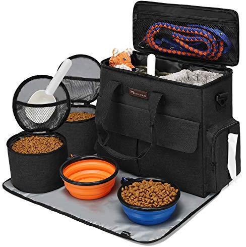 Modoker Haustier-Reisetasche für Hund und Katze, Schwarz | Wochenend-Organizer mit mehreren Taschen für Futter, Zubehör und Reiseutensilien – praktisch für Auto- und Flugreisen