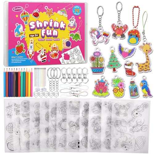 Funtopia Schrumpffolie Bastelset für Kinder, 75 Vorgeschnittene Designs in 12 Themen, mit Schlüsselanhänger Mehrere Zubehörteile und Aufbewahrungsbox, Selbermachen von Schlüsselanhängern und Schmuck