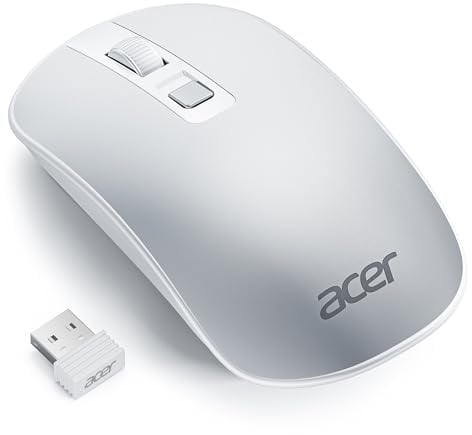 Acer Ultradünne Maus Kabellose, Tragbare 2,4 GHz Funkmaus, Wireless Mouse mit 800/1200/1600 einstellbare DPI, 4 Tasten Kabellos Computermaus, Maus Kabellos Laptop, Dell XPS, ASUS, Surface-Silber