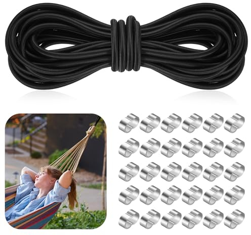 Gummiseil 8mm x 10m, Expanderseil, Elastische Gummischnur 8mm, Gummikordel Gummiseil für Anhängerplane, Rund Schwarz Planenseil für Anhänger Plane Camping Segeln, mit 30 Würgeklemmen