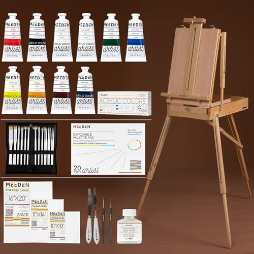 MEEDEN Staffelei Holz Groß, Französische Kofferstaffelei Staffelei Set mit Acryl-Farben, Pinsel-Set, Leinwände,Palette, Leinwand Ständer für Künstler und Erwachsene, hält Leinwände bis zu 86cm
