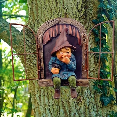 JTZXJJX Elf Out The Door Tree Hugger, Gartenstatue Harz Zwerg Figur, Hängende Gartenzwerge Baum Dekoration für Terrasse Rasen Ornament (Frauen)