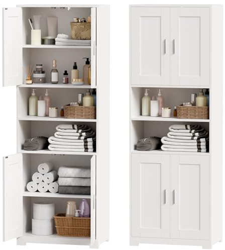BEWISHOME Badezimmerschrank Hoch, Bad hochschrank, Badschrank Hochschrank mit 4 Türen und Verstellbare Ablagen, für Badezimmer/Wohnzimmer/Küche, Weiß, 30 * 60 * 170cm EYYG09W
